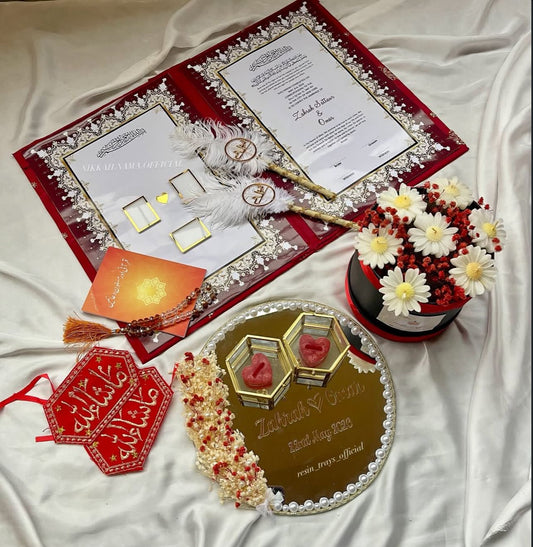 Nikkah Set 5 – Premium Red Themed Nikkah Booklet Set with luxury Mirror Ring Tray & Sunnah Accessories