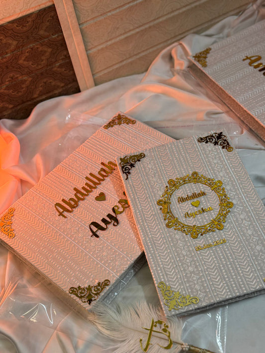 Luxury White & Gold Personalized Nikkah Booklet Set with Qabool Hai Pen