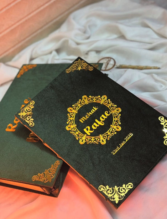 Royal Green & Gold Personalized Nikkah Booklet Set with Qabool Hai Pen