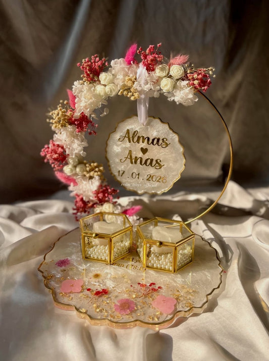 Pink Themed Double Layer Floral Ring Tray – Blush Gold Romantic Edition