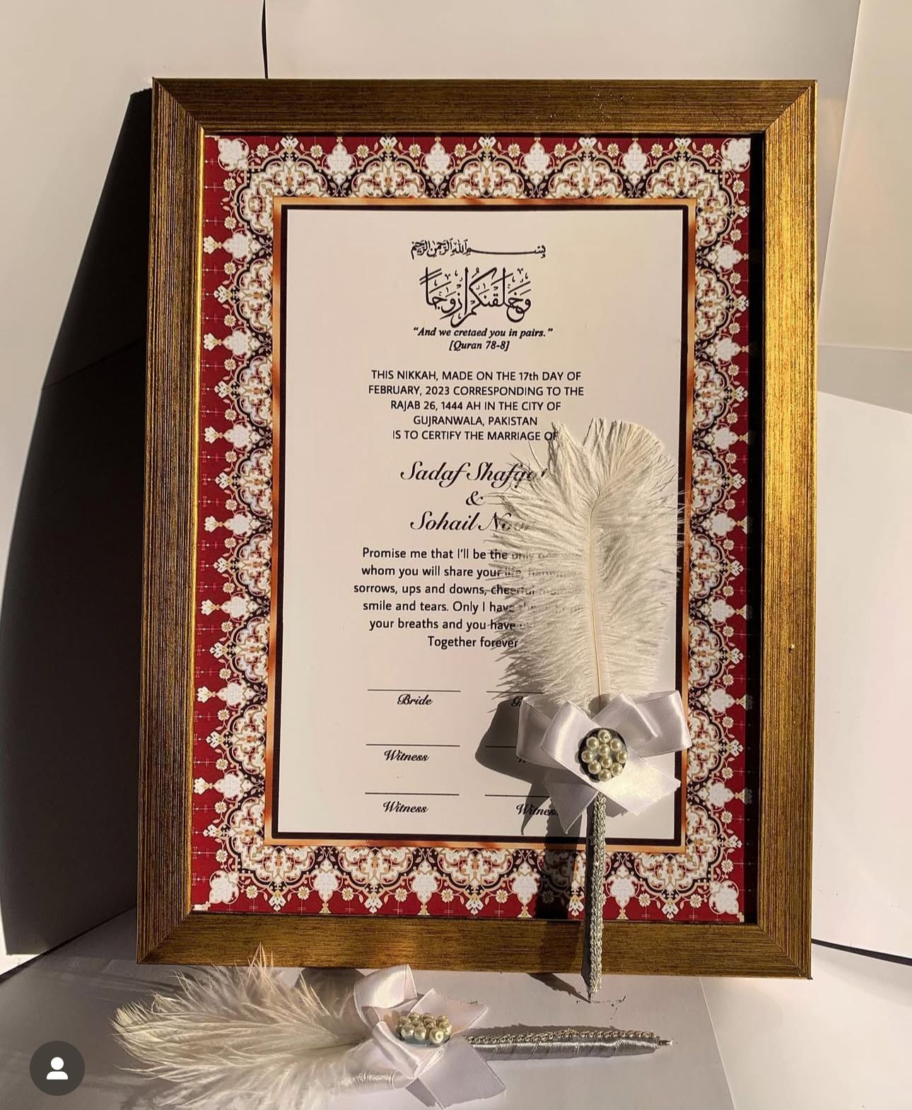 Elegant Framed Nikkah Certificate Set with Feather Pen