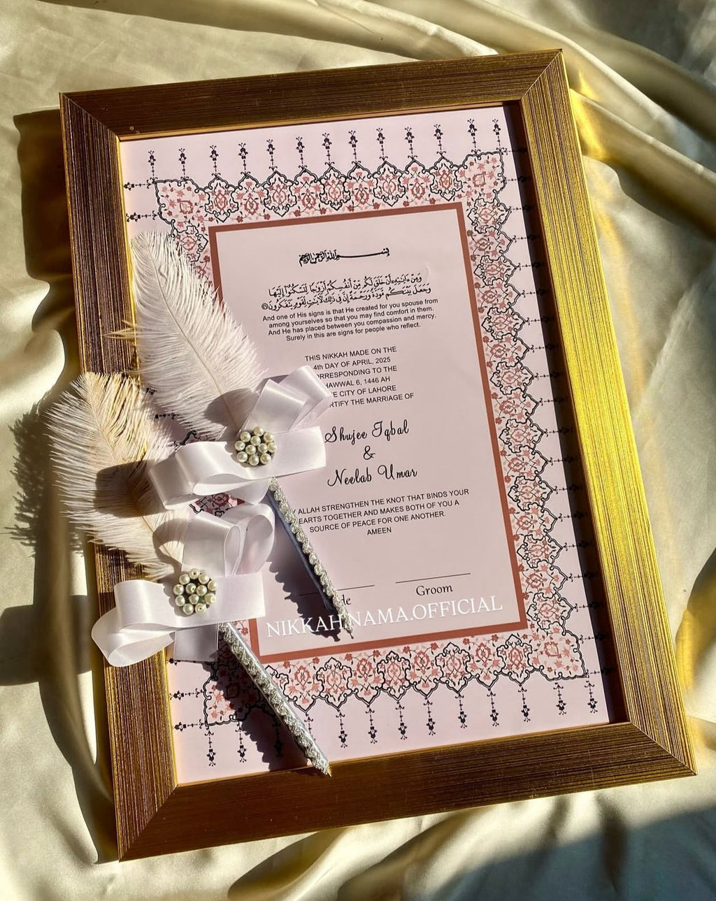 Golden Framed Nikkah Certificate Set with Pair of Feather Pens