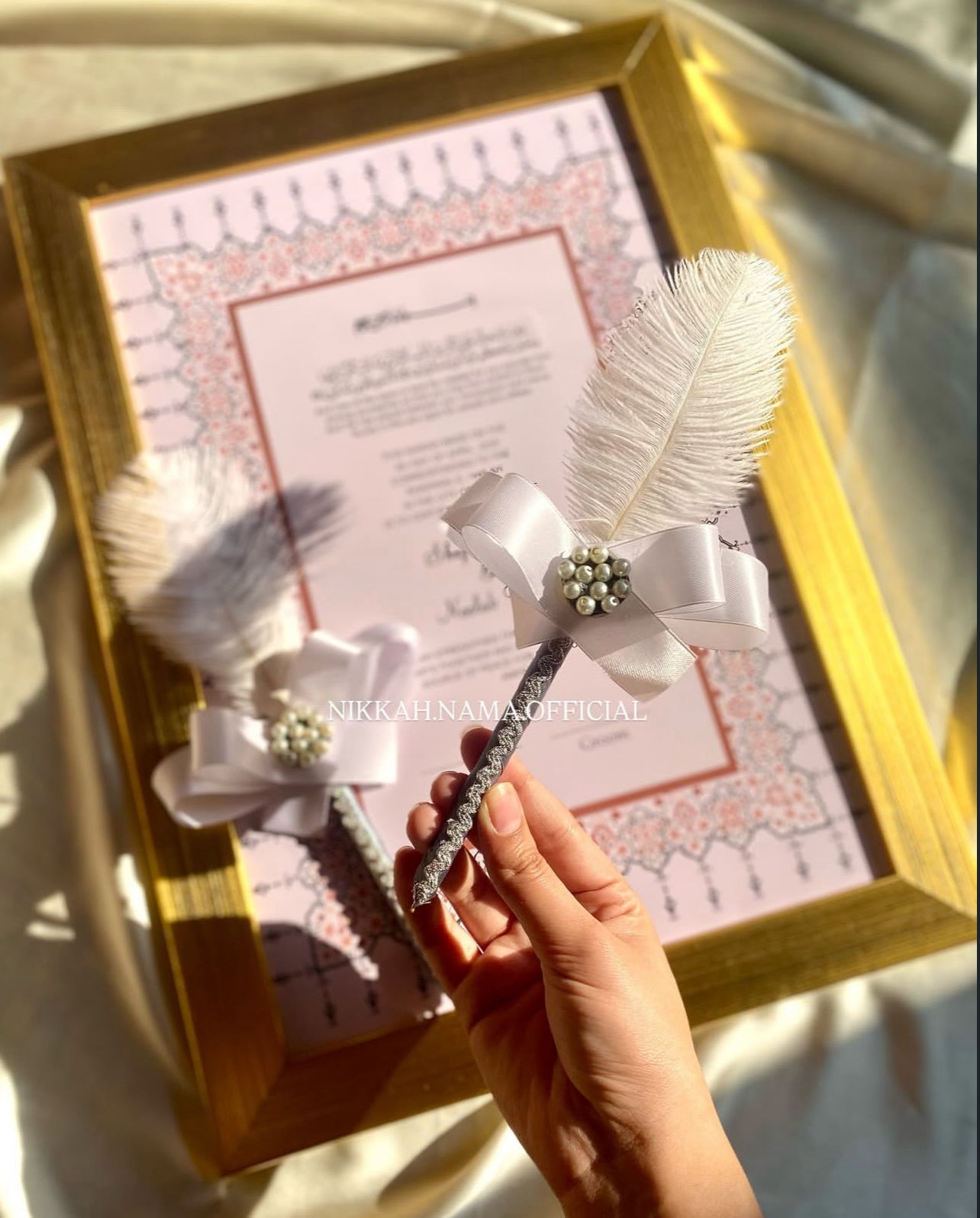 Golden Framed Nikkah Certificate Set with Pair of Feather Pens