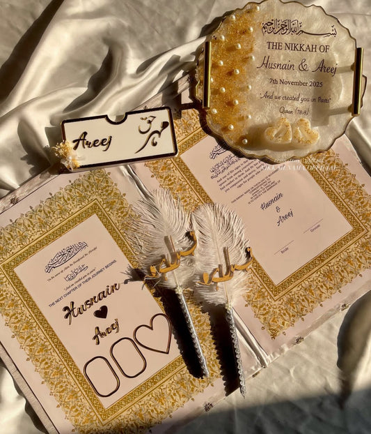 Nikkah Set 3 – Premium Gold Framed Nikkah Nama with Resin Tray & Customized Name Pens