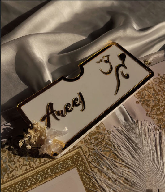 Nikkah Set 3 – Premium Gold Framed Nikkah Nama with Resin Tray & Customized Name Pens