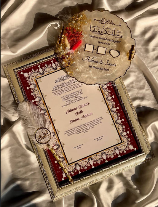 Nikkah Set 4 – Premium Red & Gold Framed Nikkah Nama with Resin Thumb Impression Tray