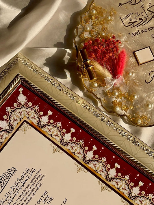Nikkah Set 4 – Premium Red & Gold Framed Nikkah Nama with Resin Thumb Impression Tray