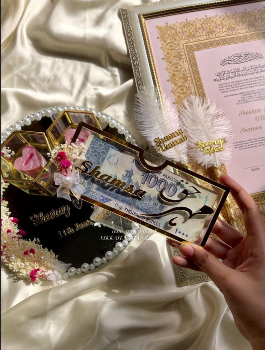 Nikkah Set 6 – Premium Customized Gold Framed Nikkah Nama with luxury Mirror Ring Tray, Name Pens & Haq Mehar Pouch