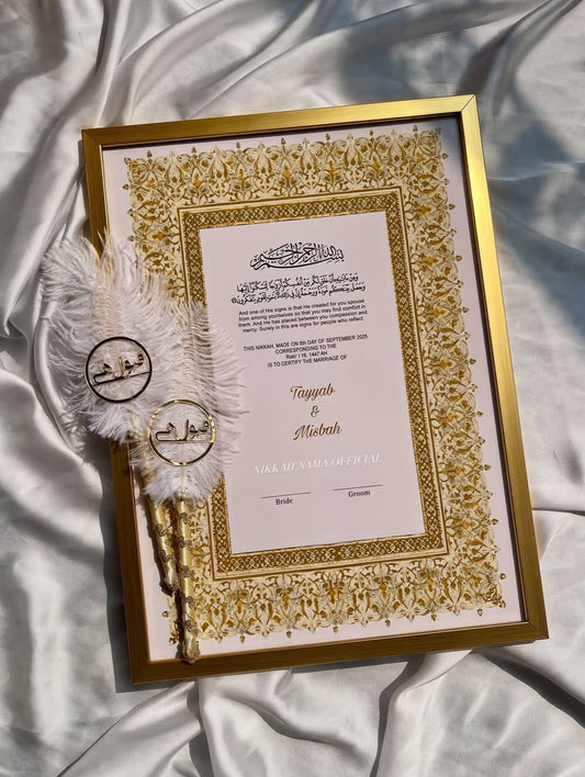 Nikkah Set 7 – Premium Customized Gold Framed Nikkah Nama with Resin Tray & Sunnah Accessories