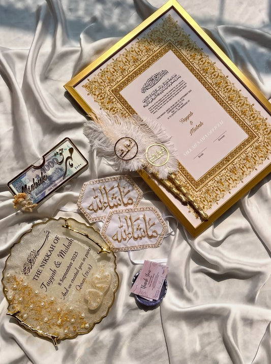 Nikkah Set 7 – Premium Customized Gold Framed Nikkah Nama with Resin Tray & Sunnah Accessories