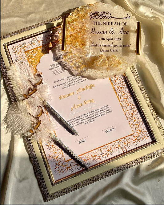Nikkah Set 8 – Premium Customized Gold Framed Nikkah Nama & Resin Tray Set
