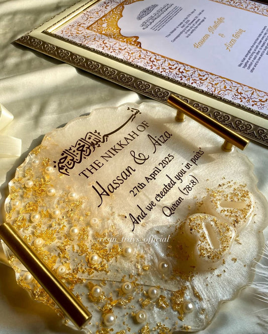 Nikkah Set 8 – Premium Customized Gold Framed Nikkah Nama & Resin Tray Set