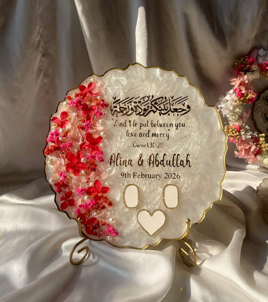 Nikkah Set 10 – Premium Customized Red & Gold Framed Nikkah Nama with Floral Resin Thumb Inpression Tray