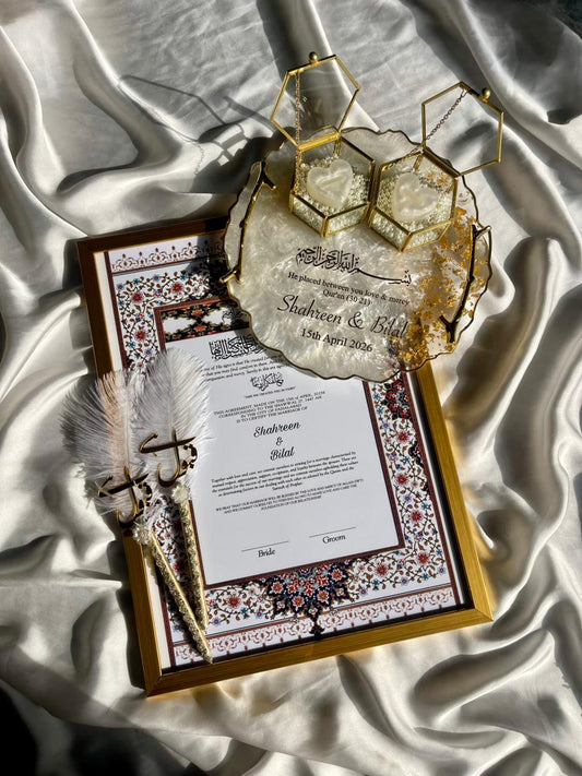 Nikkah Set 11 – Premium Customized Gold Framed Nikkah Nama & Resin Tray Set