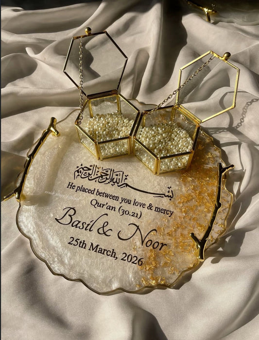 Nikkah Set 11 – Premium Customized Gold Framed Nikkah Nama & Resin Tray Set