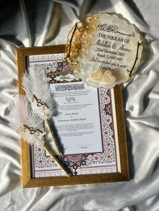 Nikkah Set 12 – Premium Customized Gold Framed Nikkah Nama & Resin Tray Set